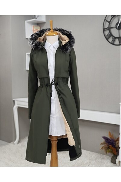 Modamorfo Metal Star Detailed Hooded Long Coat - Khaki