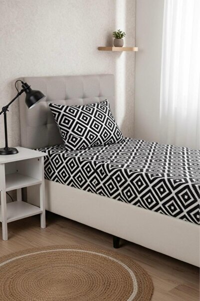 üntaş Single Elastic Sheet +1 Pillow Case Diagonalblackwhite Ecdia1
