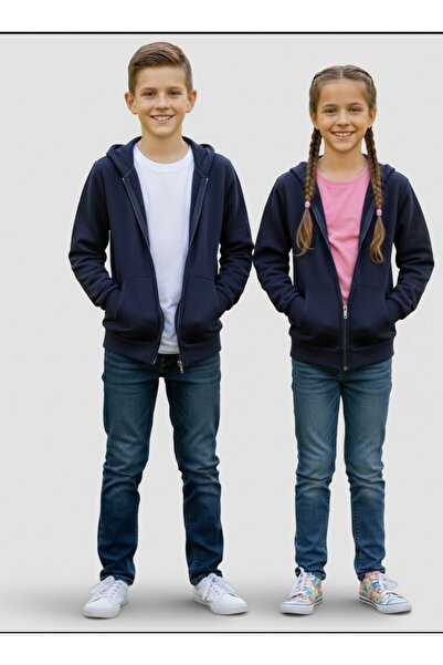 BİLGENS BUTİK Cardigan de școală unisex albastru închis cu glugă, cu fermoar,...