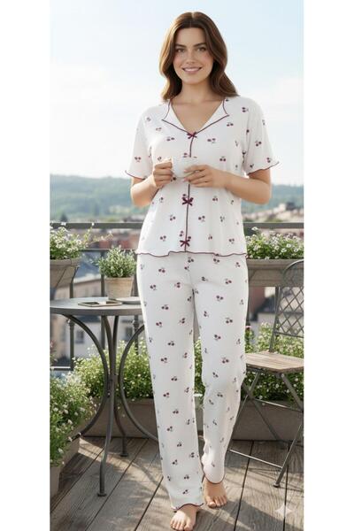 Sude HOMEWEAR Women's Knitted Fabric Cherry Pattern Short Sleeve Pajama Set