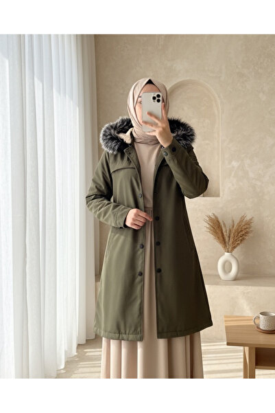 Modamorfo Çıkma Kapşonlu Çıtçıtlı Cepli Kısa Kaban -Kamuflaj