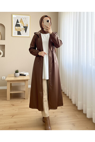 Modamorfo قبعة طويلة من الجلد بقلنسوة ورباط على شكل نفق - تان