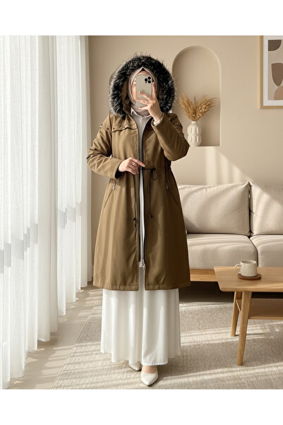 Modamorfo Çıkma Kapşonlu Yıldız Metal Detaylı Kaban -Taba