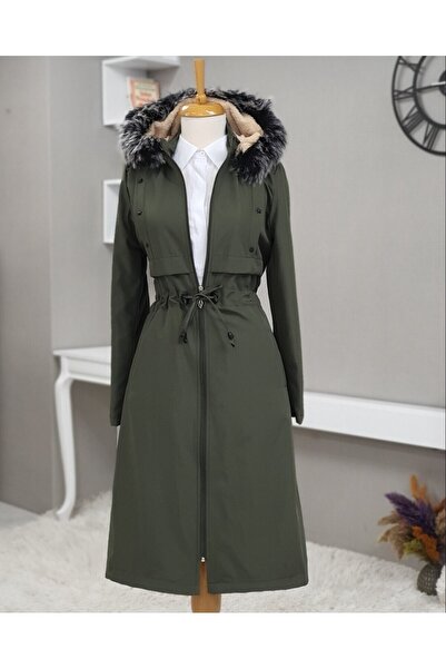 Modamorfo Metal Star Detailed Hooded Long Coat - Khaki