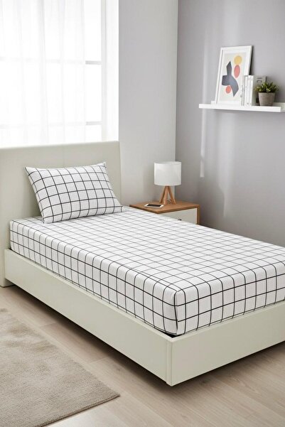 üntaş Single Fitted Sheet +1 Pillow Case Mini Tile Black White Enikaro1