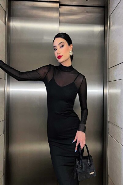 LEYLA SAĞLAM Kadın Siyah Astarlı Yarım Balıkçı Yaka Uzun Kol Tüllü Abiye Elbise