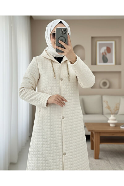 Modamorfo Long Quilted Coat with Chain Detail on the Collar - Beige