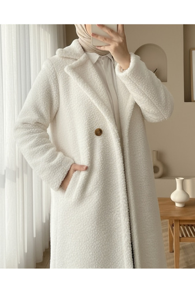 Modamorfo Double buttoned lined side pocket plush coat - ecru