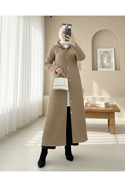 Modamorfo Long Quilted Coat with Chain Detail on the Collar - Mink