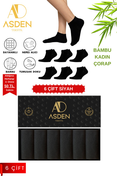 ASDEN Ciorapi de damă Bamboo, negri, pachet de 6, lavabili, vârf fără cusături