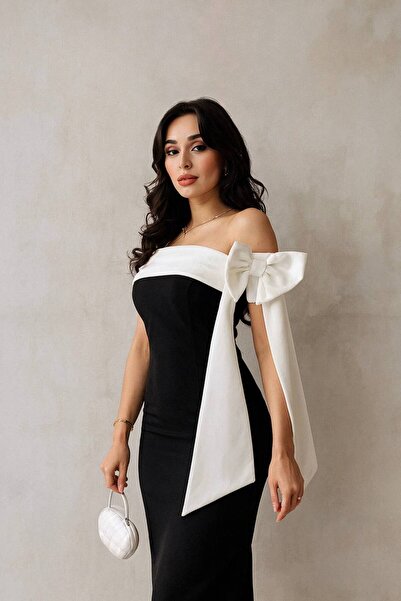 Varyete Βραδινό φόρεμα κρεπ μεσαίου μήκους με σκίσιμο λεπτομέρεια, διπλό χρώμα, φόρεμα αποφοίτησης για γάμο και αρραβώνα