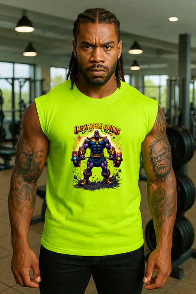 BESSA Men's Work Hard Printed Green Oversize Crew Neck Cotton Sleeveless T-Shirt/Undershirt