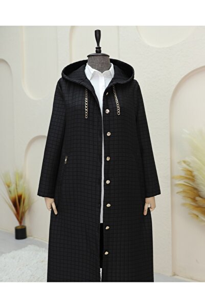 Modamorfo Long Quilted Coat with Chain Detail on Collar - Black