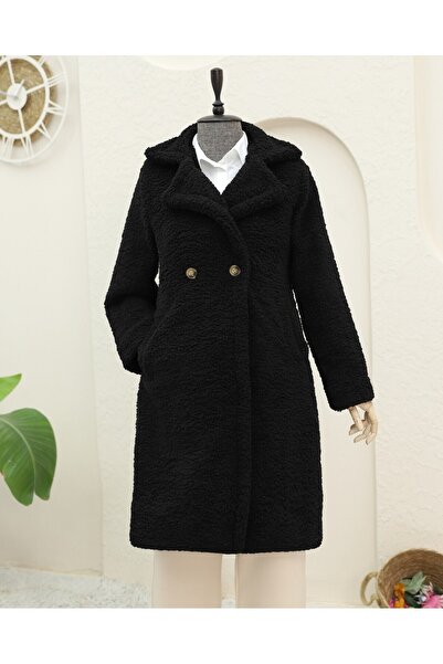 Modamorfo Double button lined side pocket plush coat -black