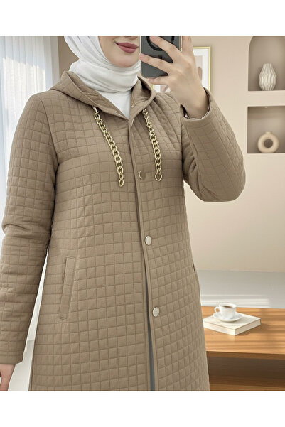 Modamorfo Long Quilted Coat with Chain Detail on the Collar - Mink