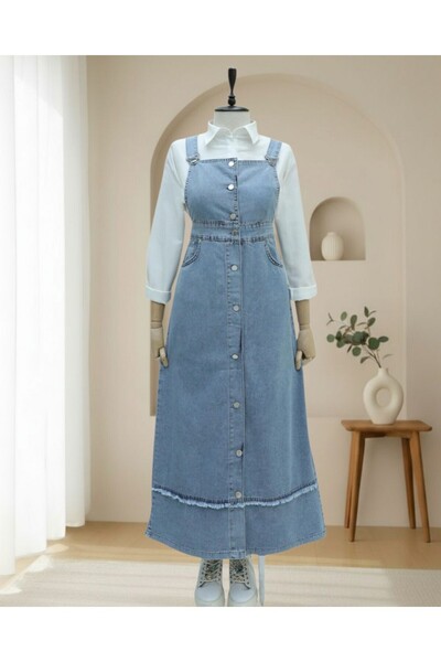 Modamorfo Skirt with Tassel Detail, Buttoned Front, Pocketed Denim Salopet - Ice Blue