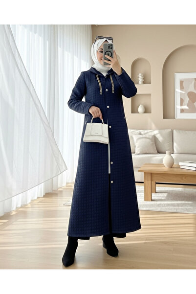 Modamorfo Long Quilted Coat with Chain Detail on the Collar - Navy