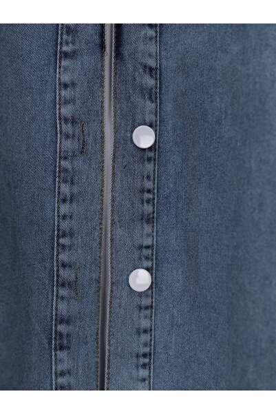 Modamorfo Kapşonlu Düğmeli Oval Kesim Kot Kap -Buz Mavi