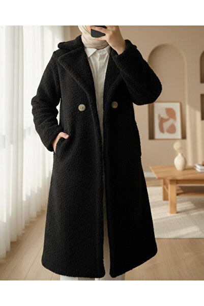 Modamorfo Double button lined side pocket plush coat -black