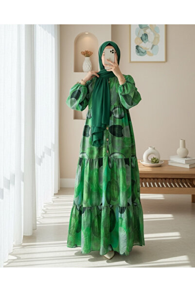 Modamorfo Circle Pattern Half Button Sleeve Elastic Dress -Dark Green