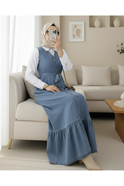 Modamorfo Τζιν γιλέκο με δεμένη μέση και κουμπωτές τσέπες στο μπροστινό μέρος - Ice Blue