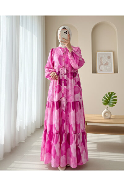 Modamorfo Circle Pattern Half Button Sleeve Elastic Dress -Fuchsia