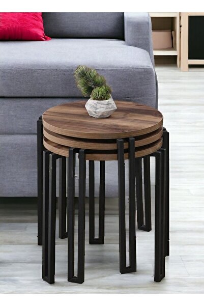 Genel Markalar Servis Üçlü Sehpa Yuvarlak Ceviz Tabla Siyah Metal Ayak