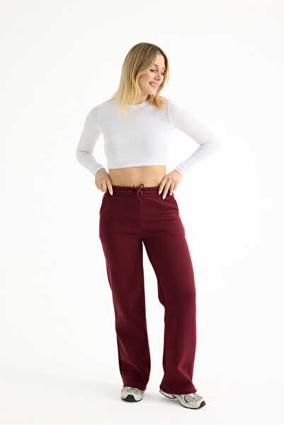 veres Γυναικείο μπορντό ψηλόμεσο χοντρό χειμωνιάτικο φλις με 3 κλωστές εσωτερικά φαρδύ παντελόνι