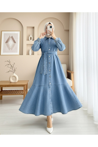 Modamorfo Φούστα με κουμπιά στο μήκος και τζιν φόρεμα με βολάν - Ανοιχτό μπλε