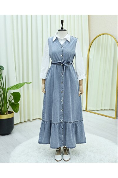 Modamorfo Τζιν γιλέκο με δεμένη μέση και κουμπωτές τσέπες στο μπροστινό μέρος - Ice Blue