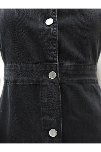 Modamorfo Buttoned Front Skirt with Side Pockets Ruffled Denim Gilet -Black