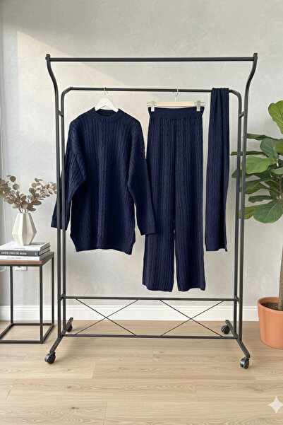 Kirazca Butik Women's Navy Blue Scarf Hair Braided Knitwear Trouser Set