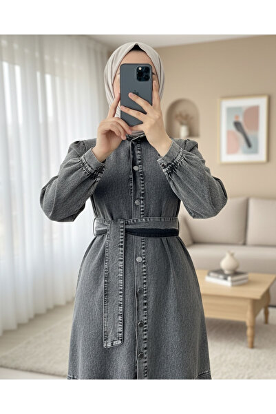 Modamorfo Gray Denim Dress with Buttons and Ruffles Hem