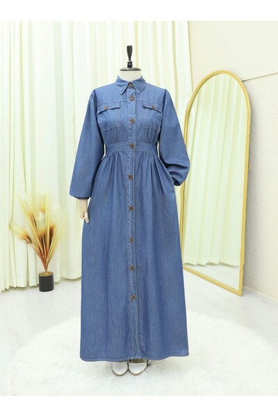 Modamorfo Buttoned Long Jeans Dress with Elastic Sleeves and Double Pockets - Blue