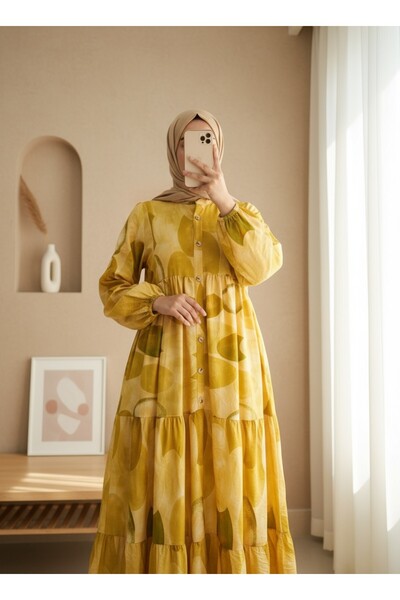 Modamorfo Circle Pattern Half Button Sleeve Elastic Dress -Yellow