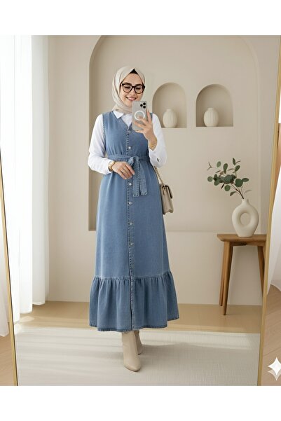 Modamorfo Τζιν γιλέκο με δεμένη μέση και κουμπωτές τσέπες στο μπροστινό μέρος - Ice Blue