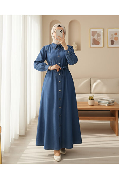 Modamorfo Blue Beaded Denim Dress - Buttoned Front Waist Tie