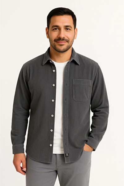 Butik Men's Corded Fabric Velvet Pocket Shirt Oversized Comfortable Fit - Smoked