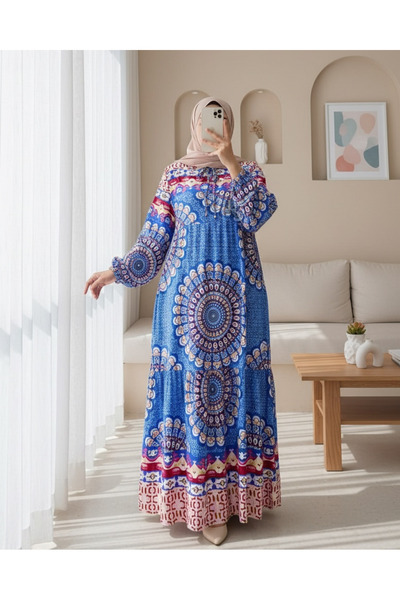 Modamorfo Сукня з частинними візерунками, шнурівкою на рукавах та гумкою на талії - синя