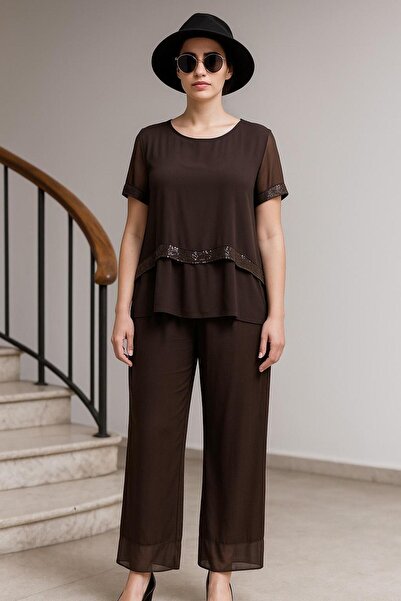 EREN STYLE Italian Sequined Silk Blouse Pants Set