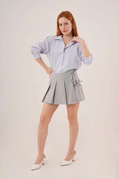 etol textile Gray Mini Short Skirt with Pleated Front and Side Tie Detail
