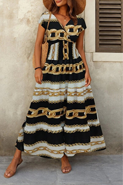 Adora Moda Γυναικείο κοντομάνικο φόρεμα με διπλό πέτο με ελαστική μέση μονόχρ...