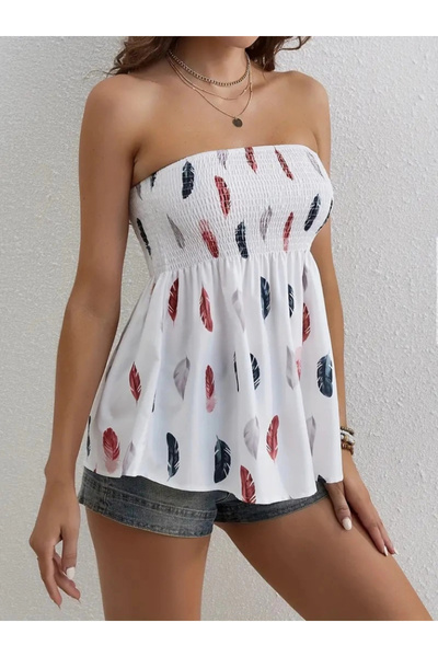 ARONA    Women's Leaf Patterned Mosskrept Strapless Blouse with Chest