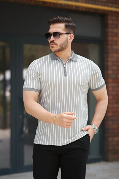 indispensablely Ανδρικό κοντομάνικο μπλουζάκι με ριγέ γιακά με φερμουάρ