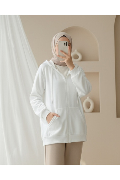 Modamorfo Hooded Zippered Pocket Combed Cotton Sweatshirt -White