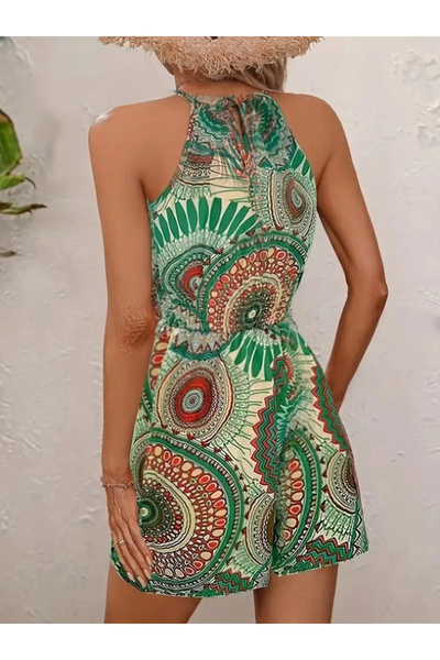 FT COLLECTİON Women's Off Shoulder Neckline Tie Back Elastic Waist Patterned Single Jersey Short Jumpsuit