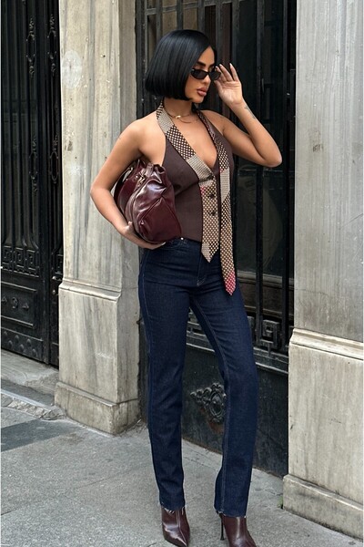 MEECY Pantaloni de damă Jean talie înaltă Boyfit material elastic din denim e...