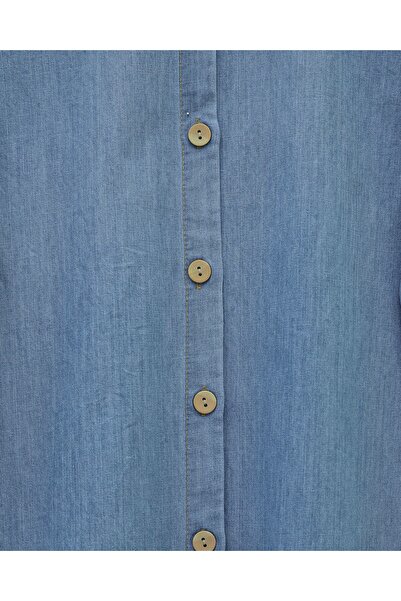 Modamorfo Long Denim Tunic with Wooden Buttons - Light Blue
