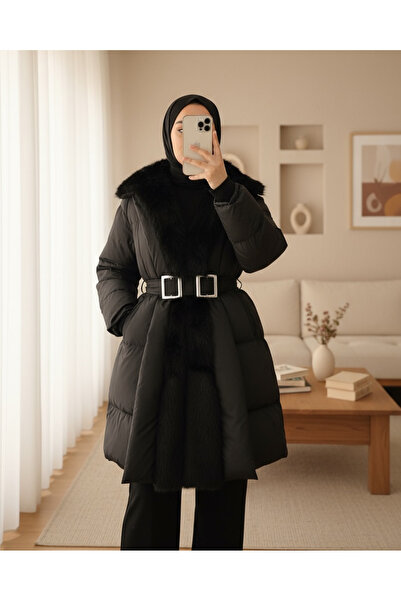 Modamorfo Palton puf cu detaliu din blană, cu curea, buzunar și căptușit - negru
