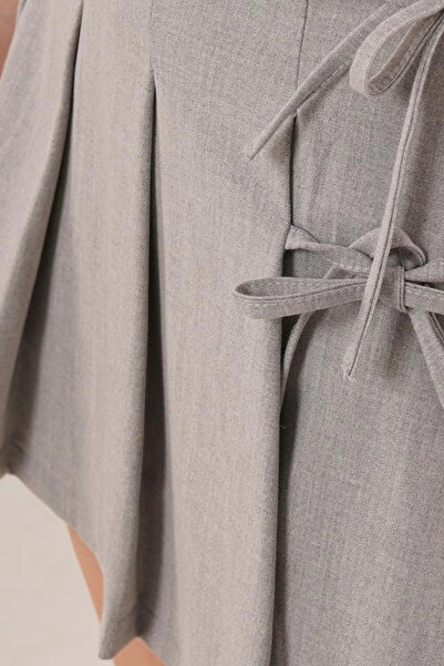 etol textile Gray Mini Short Skirt with Pleated Front and Side Tie Detail